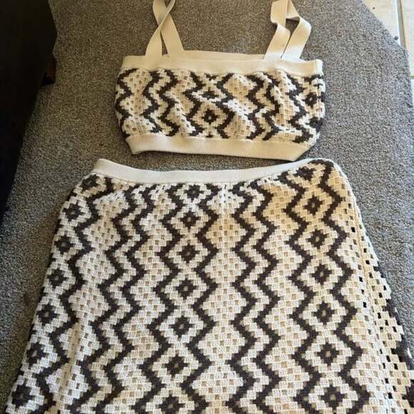 Seed Heritage Crochet Knit Crop Top & Skirt Set Brown Cream Boho Size Small - Picture 5 of 9